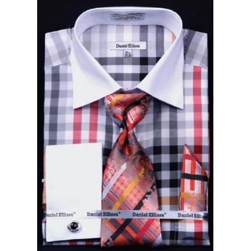 Daniel Ellissa Black / White Checker Pattern Shirt / Tie / Hanky Set With Free Cufflinks DS3773P2